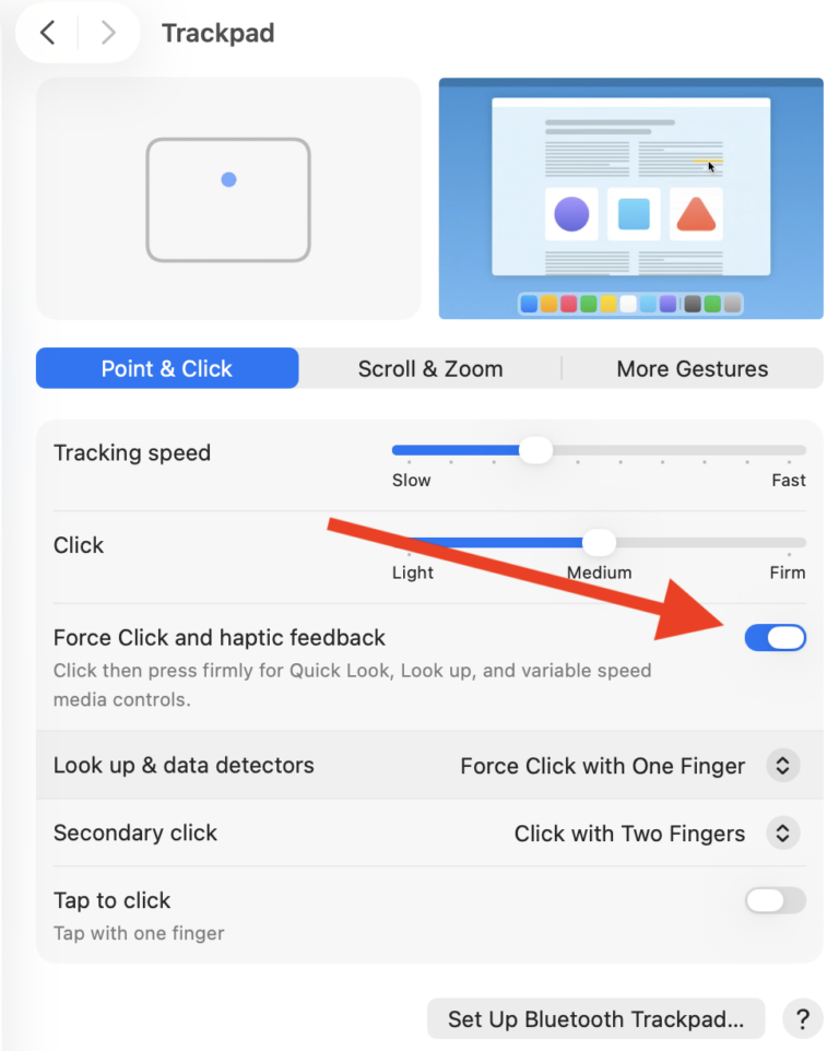 Trackpad settings screen
